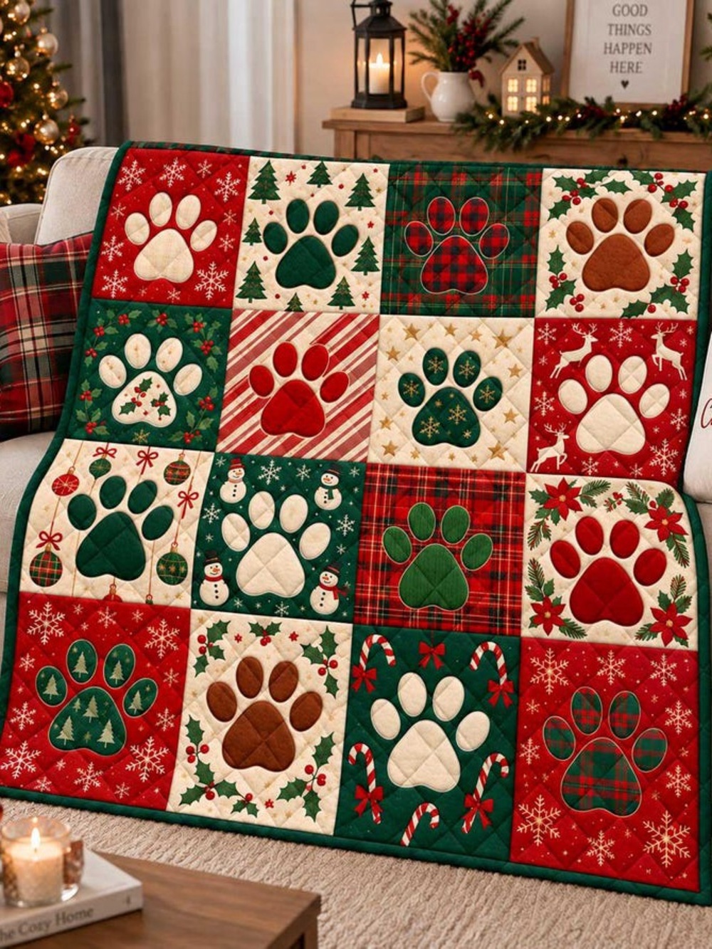 Holiday Paw Print Quilted Throw Blanket - Green & Red